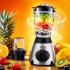 Silver blender with transparent cup body, fruit toppings, lemon green leaves and small accessories Specification image